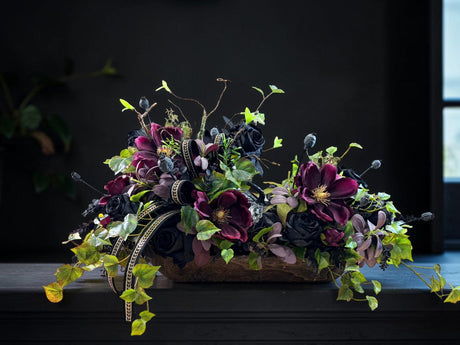 Dark Moody Halloween Centerpiece with Black Roses and Purple Magnolias TCT Crafts