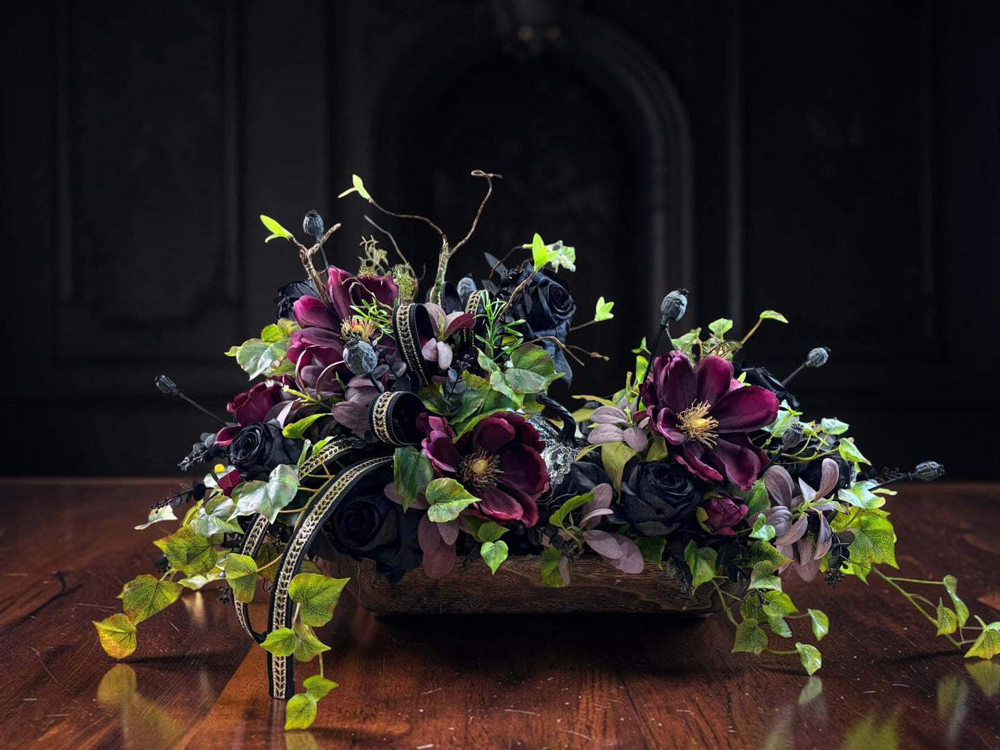 Dark Moody Halloween Centerpiece with Black Roses and Purple Magnolias TCT Crafts