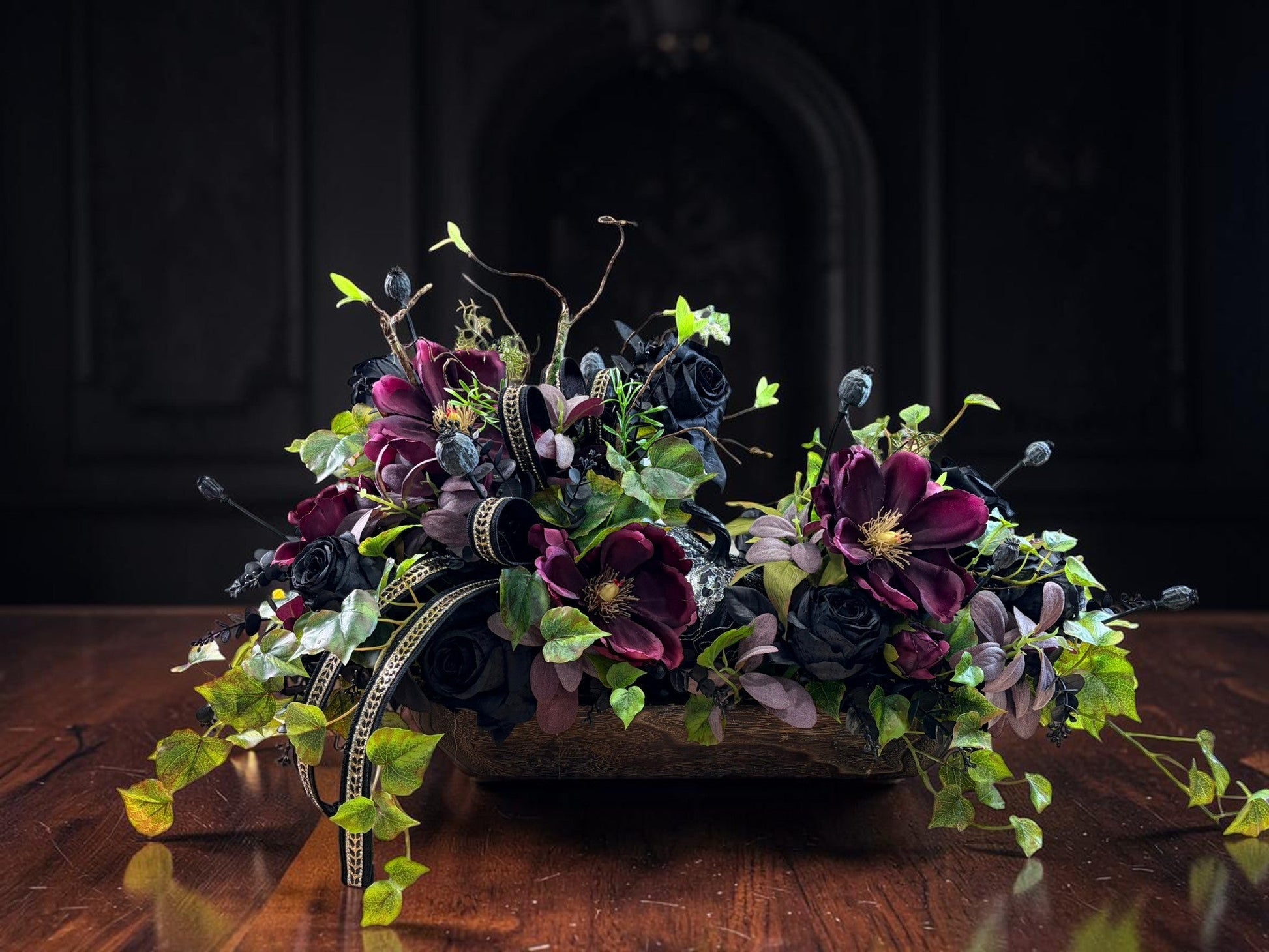 Dark Moody Halloween Centerpiece with Black Roses and Purple Magnolias TCT Crafts