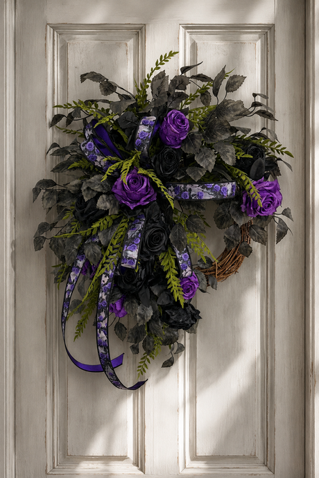 Dark Moody Halloween Wreath — Purple and Black Rose Grapevine Wreath, 32 Inch TCT Crafts