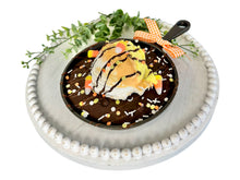 Load image into Gallery viewer, Decorative Faux Chocolate Skillet Cookie with Candy Corn Colored Ice Cream - 6&quot; Mini Cast Iron Pan Decor
