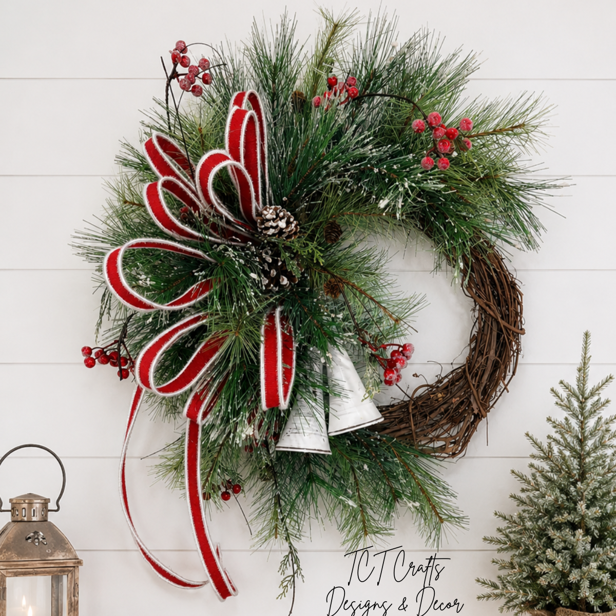 Snowy Pine Bell Wreath | Red White Christmas Grapevine Wreath | 35"x25" TCT Crafts