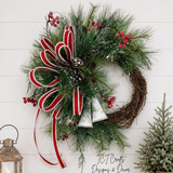 Snowy Pine Bell Wreath | Red White Christmas Grapevine Wreath | 35"x25" TCT Crafts