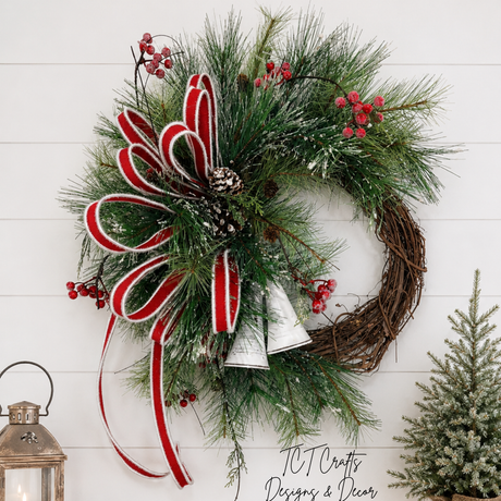 Snowy Pine Bell Wreath | Red White Christmas Grapevine Wreath | 35"x25" TCT Crafts