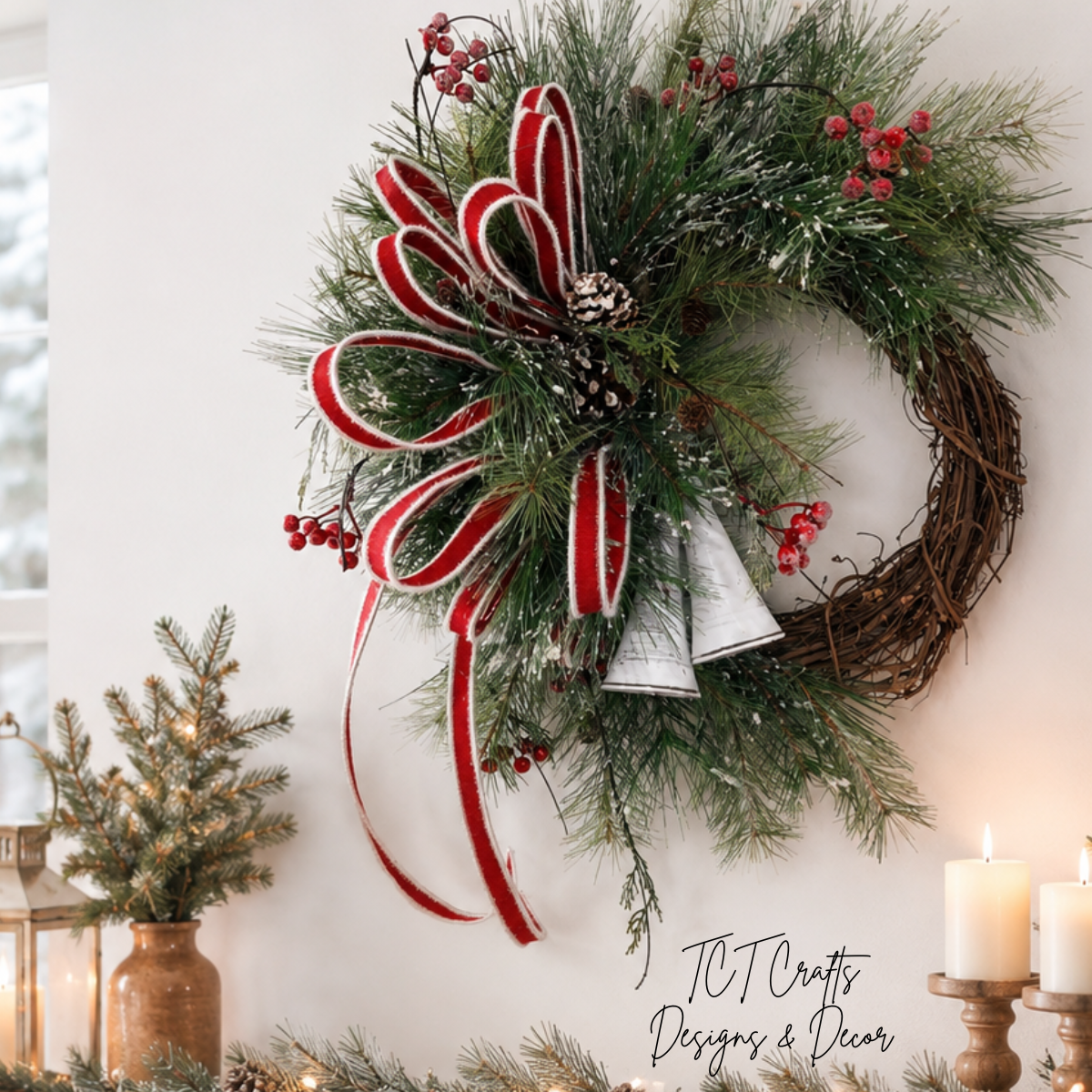 Snowy Pine Bell Wreath | Red White Christmas Grapevine Wreath | 35"x25" TCT Crafts
