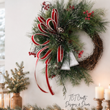 Snowy Pine Bell Wreath | Red White Christmas Grapevine Wreath | 35"x25" TCT Crafts