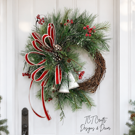 Snowy Pine Bell Wreath | Red White Christmas Grapevine Wreath | 35"x25" TCT Crafts