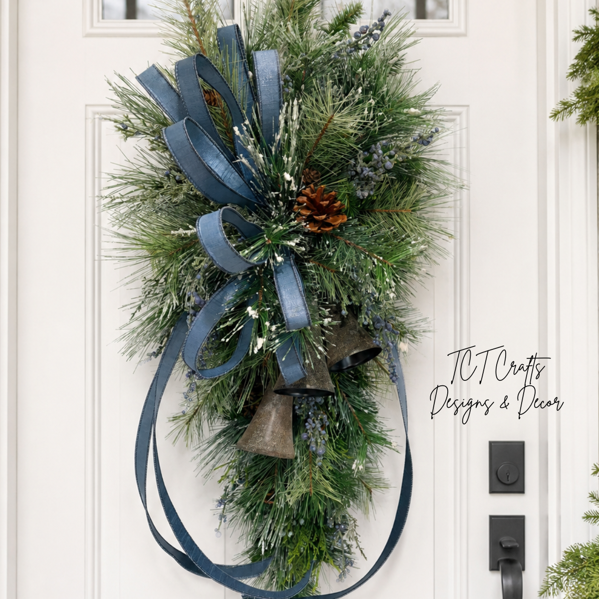Blue Juniper Bell Swag | Designer Farrisilk Ribbon Christmas Swag | 39"L x 21"W TCT Crafts