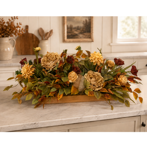 Fall Pumpkin Centerpiece | Dough Bowl Peony Dahlia Arrangement | 39"L x 18"H TCT Crafts