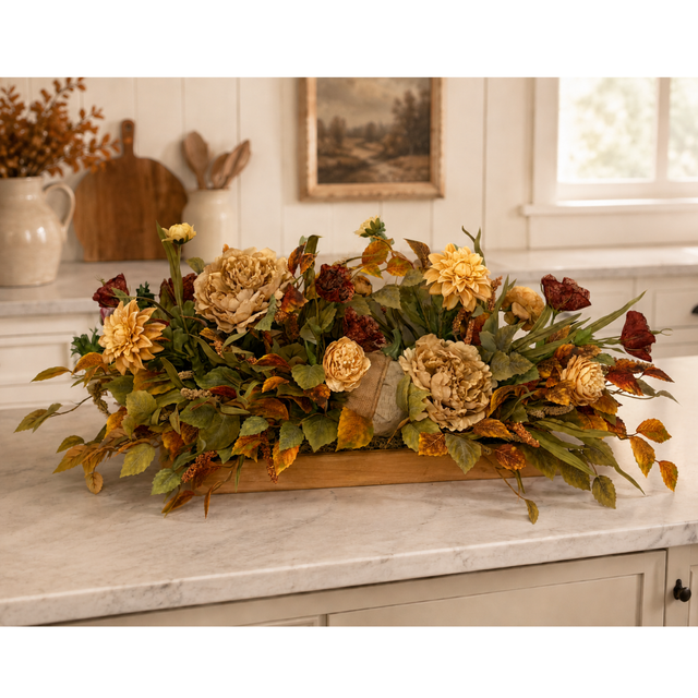 Fall Pumpkin Centerpiece | Dough Bowl Peony Dahlia Arrangement | 39"L x 18"H TCT Crafts