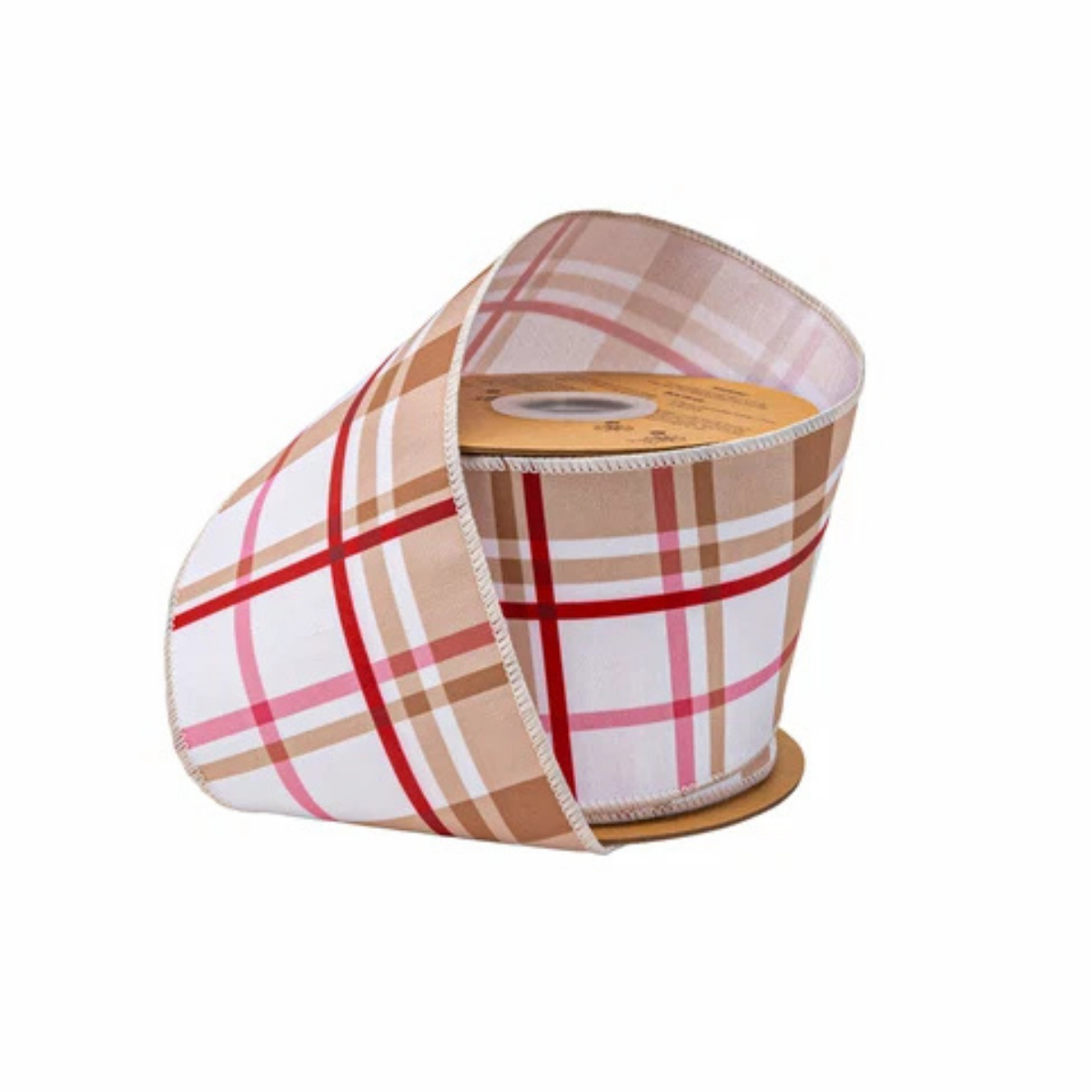 Gingerbread Plaid Wired Dupioni Ribbon | Pink Tan Christmas Ribbon | 4" x 10yd-9728W-743-100E LA Ribbons