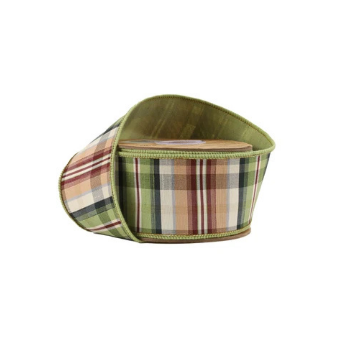 Green Tan Plaid Wired Ribbon | Dupioni Backing Fall Ribbon | 2.5" x 10yd-5600W-570-63E LA Ribbons