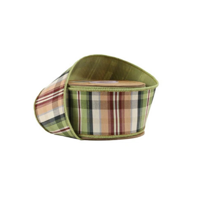 Green Tan Plaid Wired Ribbon | Dupioni Backing Fall Ribbon | 2.5" x 10yd-5600W-570-63E LA Ribbons