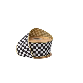 Black White Checkered Wired Velvet Ribbon Gold Back 2.5"-9824W-031-63E LA Ribbons