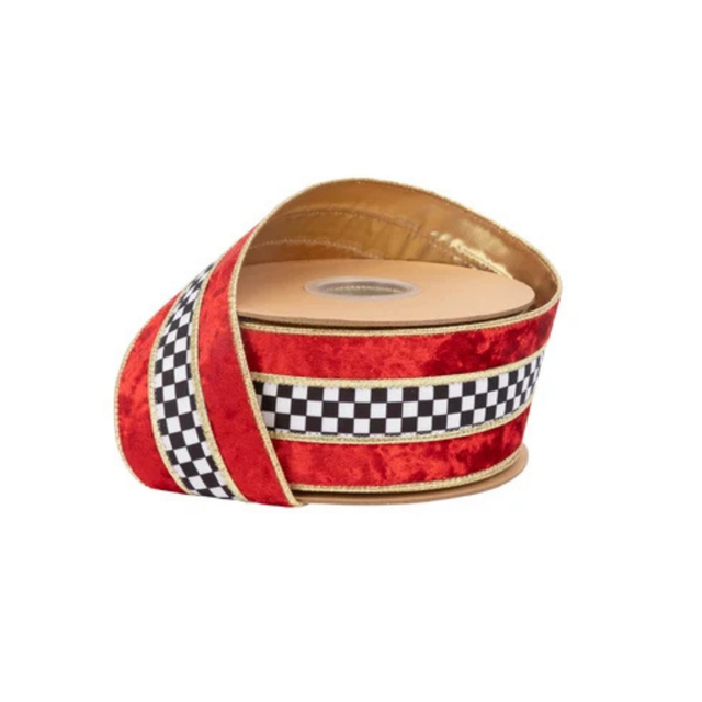 Red Velvet Checkered Wired Ribbon | Gold Trim Designer Ribbon | 2.5" x 10yd-9825W-250-63E LA Ribbons