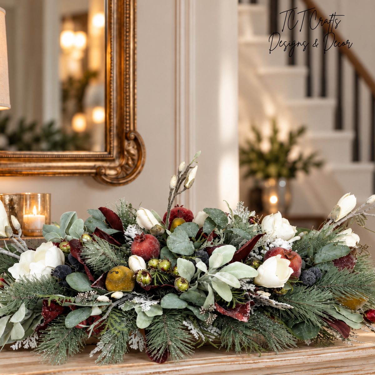 Designer Christmas Centerpiece | Magnolia Pomegranate Pine Arrangement | 34"Lx16"Hx18"W-2200 TCT Crafts Designs & Decor