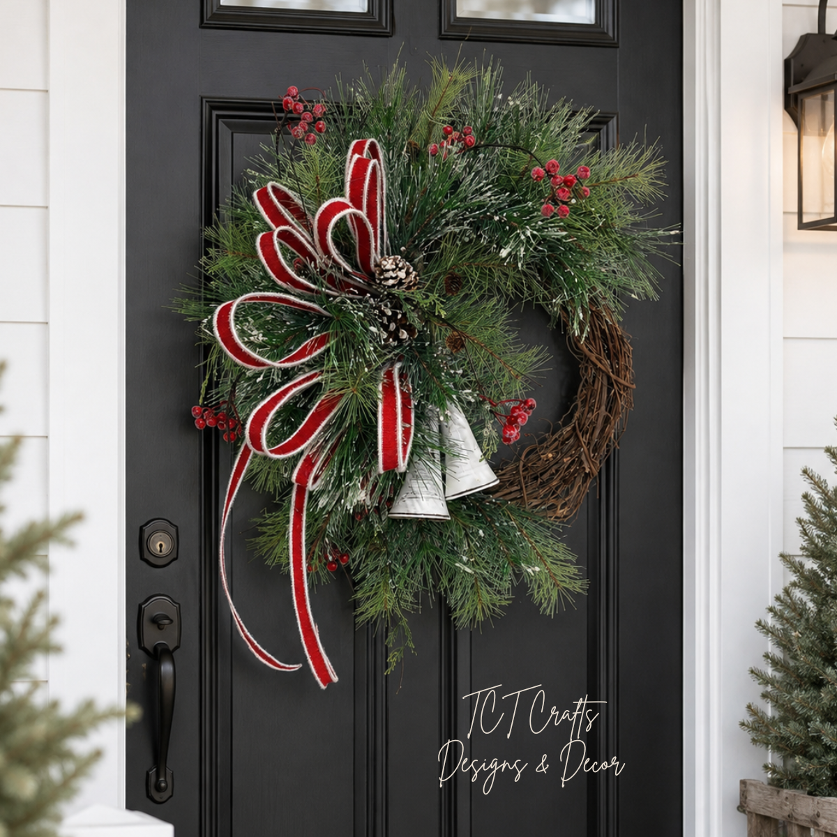Snowy Pine Bell Wreath | Red White Christmas Grapevine Wreath | 35"x25" TCT Crafts