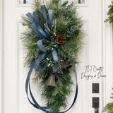 Blue Juniper Bell Swag | Designer Farrisilk Ribbon Christmas Swag | 39"L x 21"W TCT Crafts