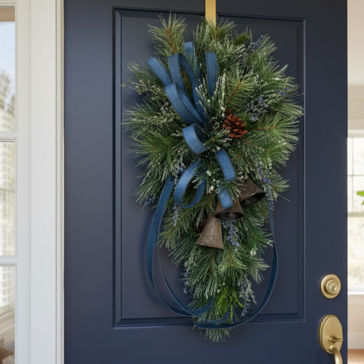 Blue Juniper Bell Swag | Designer Farrisilk Ribbon Christmas Swag | 39"L x 21"W TCT Crafts