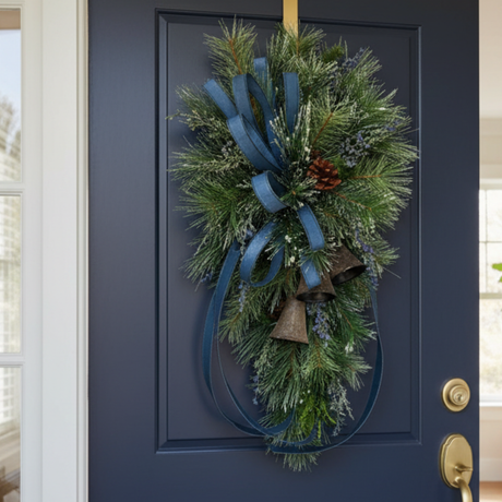 Blue Juniper Bell Swag | Designer Farrisilk Ribbon Christmas Swag | 39"L x 21"W TCT Crafts