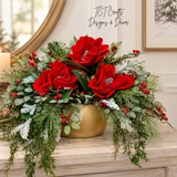 Red Velvet Magnolia Holly Christmas Arrangement - Gold Boat-2193 TCT Crafts Designs & Decor