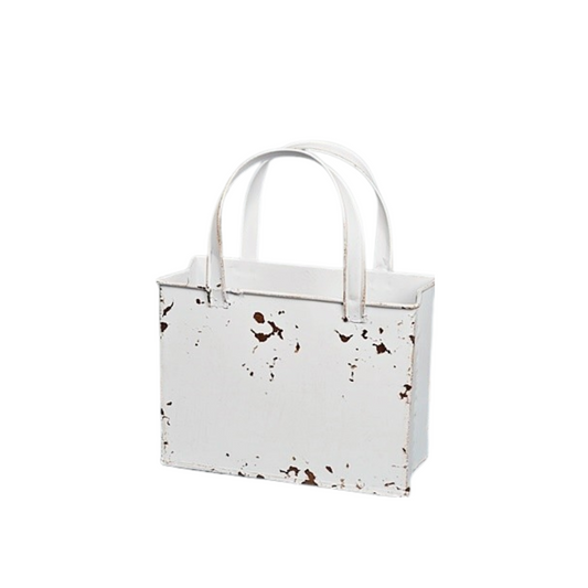 Distressed White Metal Tote Bag – Rustic Farmhouse Container for Floral Arrangements & Holiday Decor-M10827 Impressive Enterprises, Inc.