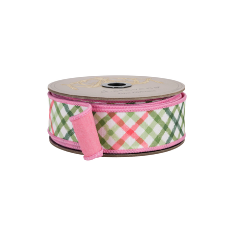 Pink Green Dupion Plaid Wired Ribbon | 1.5 Inch Designer Ribbon D.Stevens