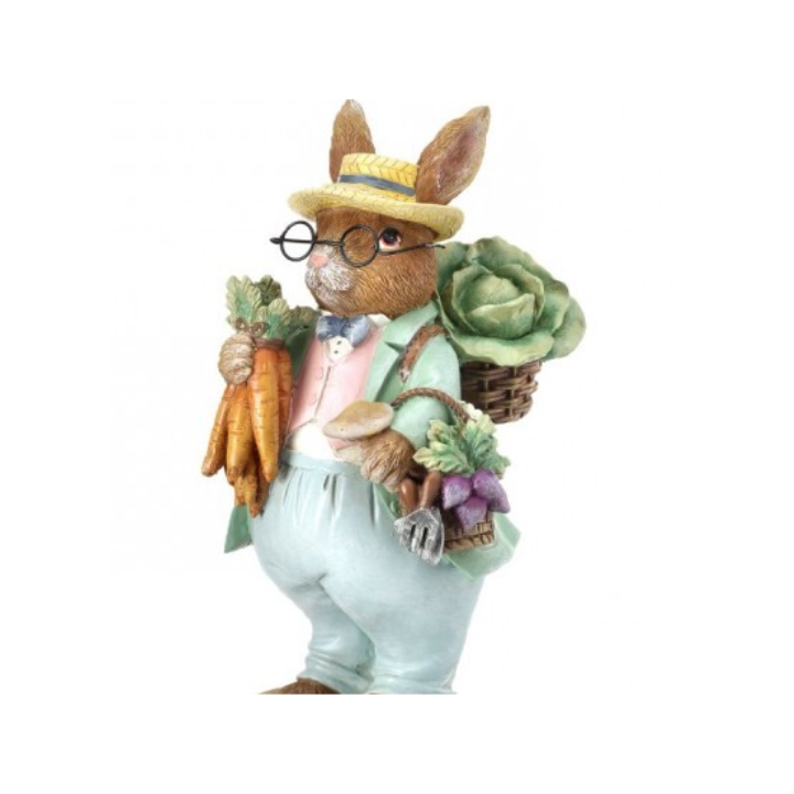 9" Resin Farmer Bunny Figurine with Vegetables | Rustic Easter & Spring Decor-MT22592