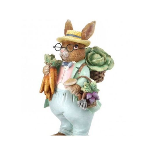 9" Resin Farmer Bunny Figurine with Vegetables | Rustic Easter & Spring Decor-MT22592