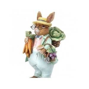 9" Resin Farmer Bunny Figurine with Vegetables | Rustic Easter & Spring Decor