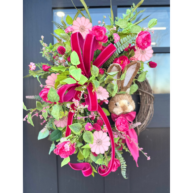 Spring Bunny Grapevine Wreath | Hot Pink Velvet Ribbon & Camellia Florals