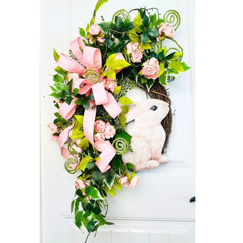 Handcrafted Spring Bunny Wreath - Limited Edition Easter Door Decor with Pink Florals and Ribbon Accents - TCT Crafts Seasonal Decor