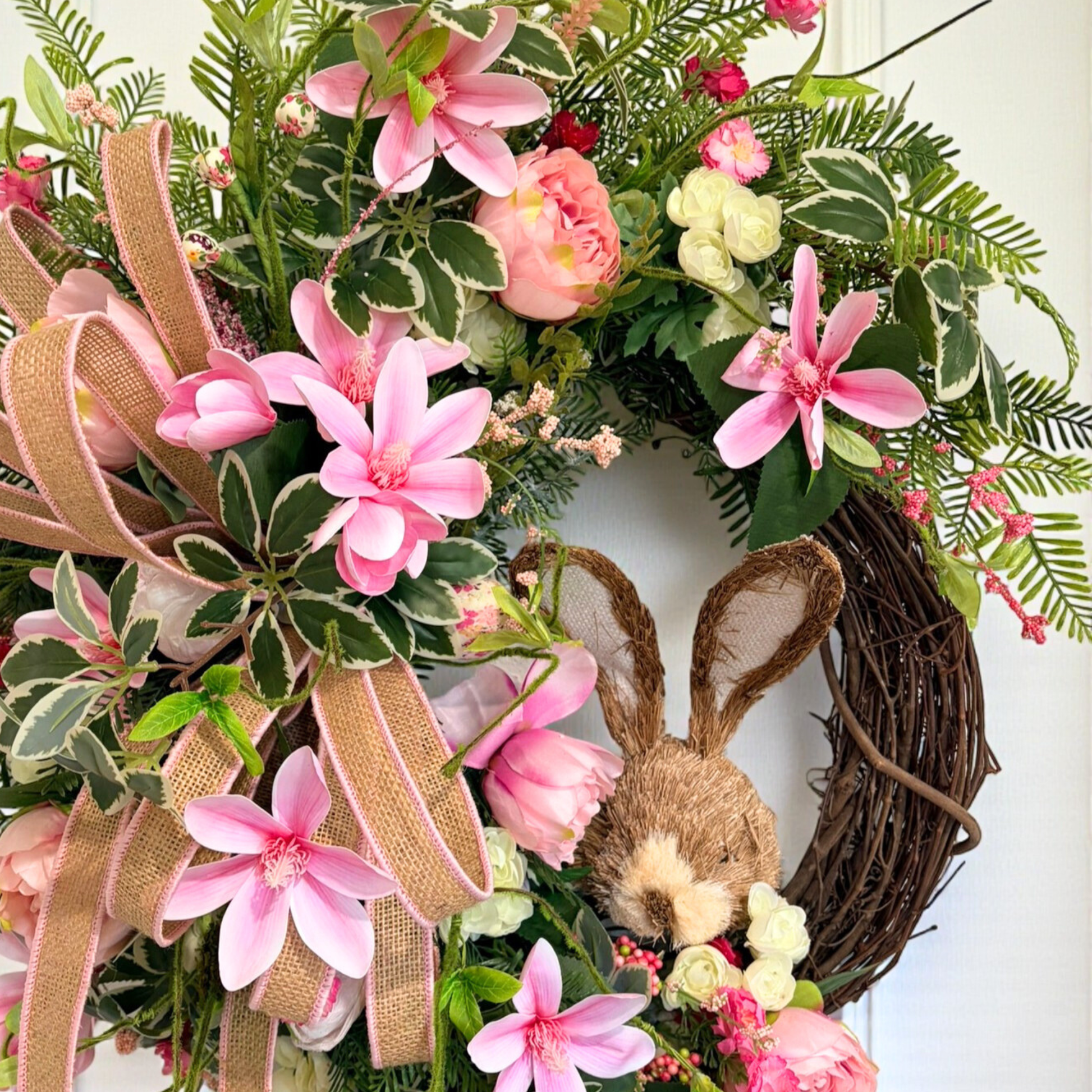 Spring Bunny Grapevine Wreath with Pink Magnolias & Peonies TCT Crafts