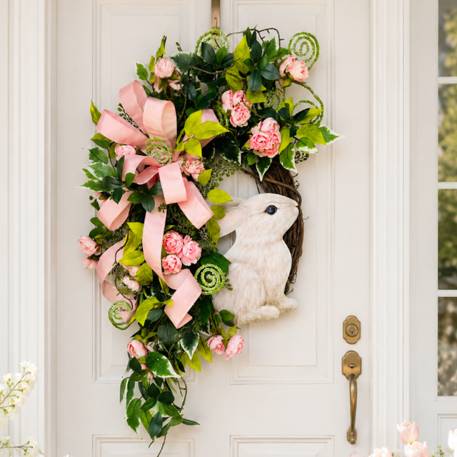 Handcrafted Spring Bunny Wreath - Limited Edition Easter Door Decor with Pink Florals and Ribbon Accents - TCT Crafts Seasonal Decor TCT Crafts