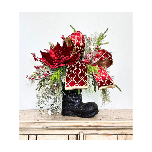 Burgundy Poinsettia Pine Santa Boot Arrangement – 20" Elegant Holiday Floral Decor | TCT Crafts