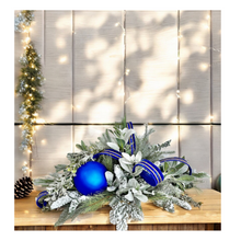 Load image into Gallery viewer, Elegant Blue &amp; White Christmas Centerpiece | Holiday Arrangement with Snowy Lamb’s Ear, Matte Blue Ornaments, and Designer Velvet Ribbon