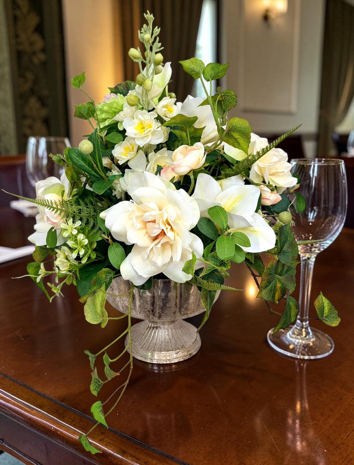 Neutral Cream Green Rose Arrangement in Silver Compote for Elegant Decor TCT Crafts