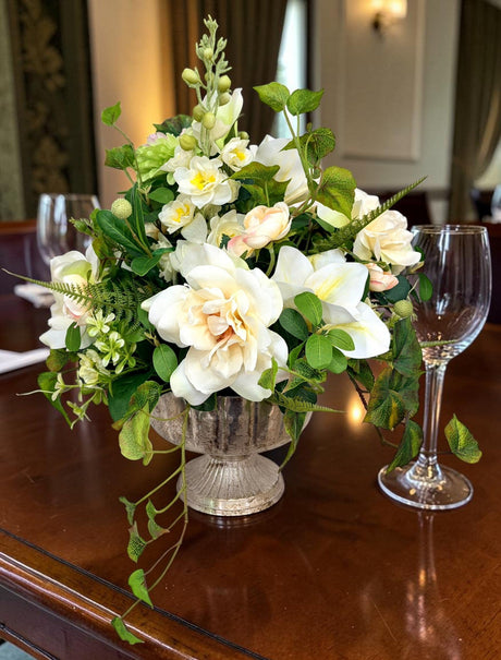 Neutral Cream Green Rose Arrangement in Silver Compote for Elegant Decor TCT Crafts