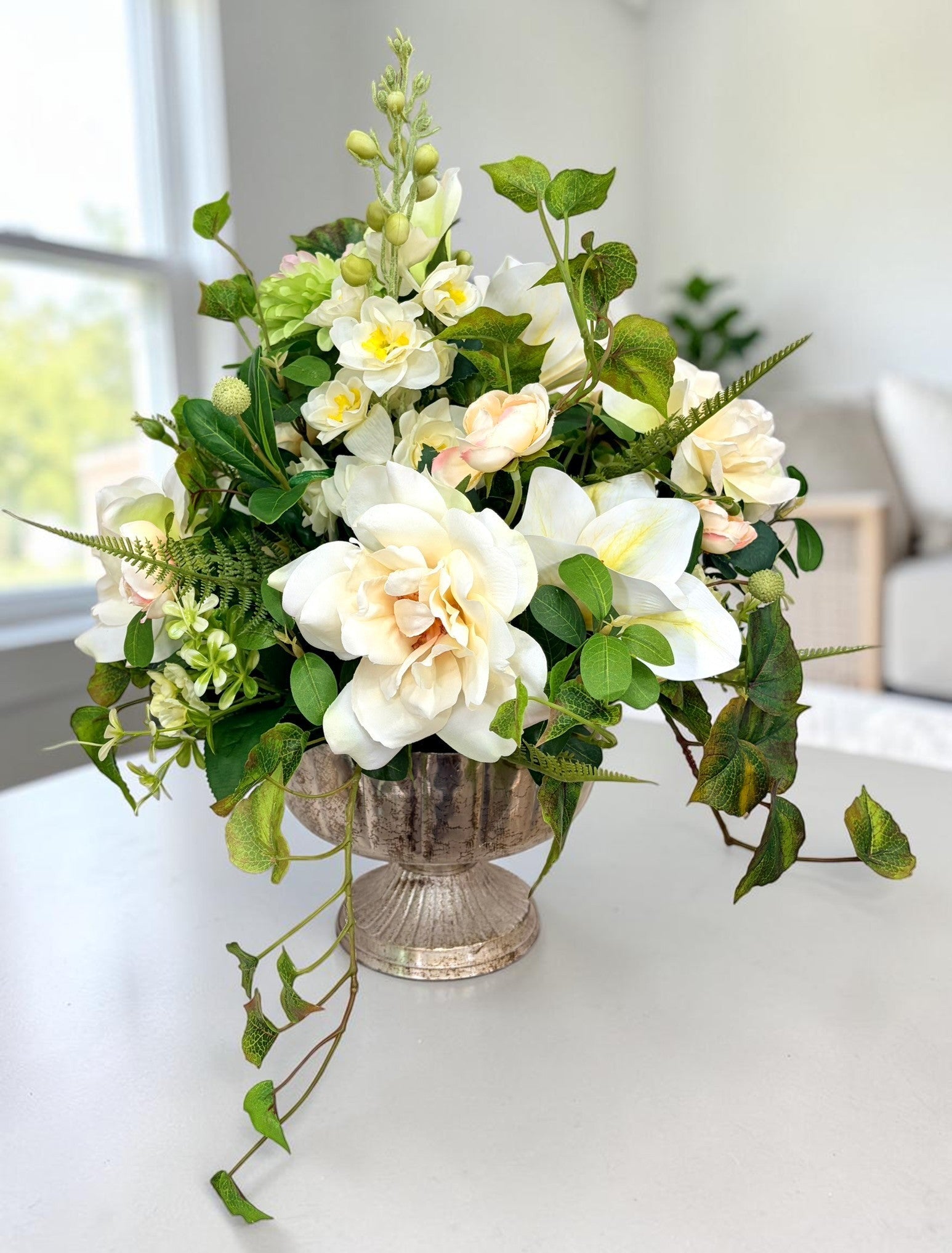 Neutral Cream Green Rose Arrangement in Silver Compote for Elegant Decor TCT Crafts