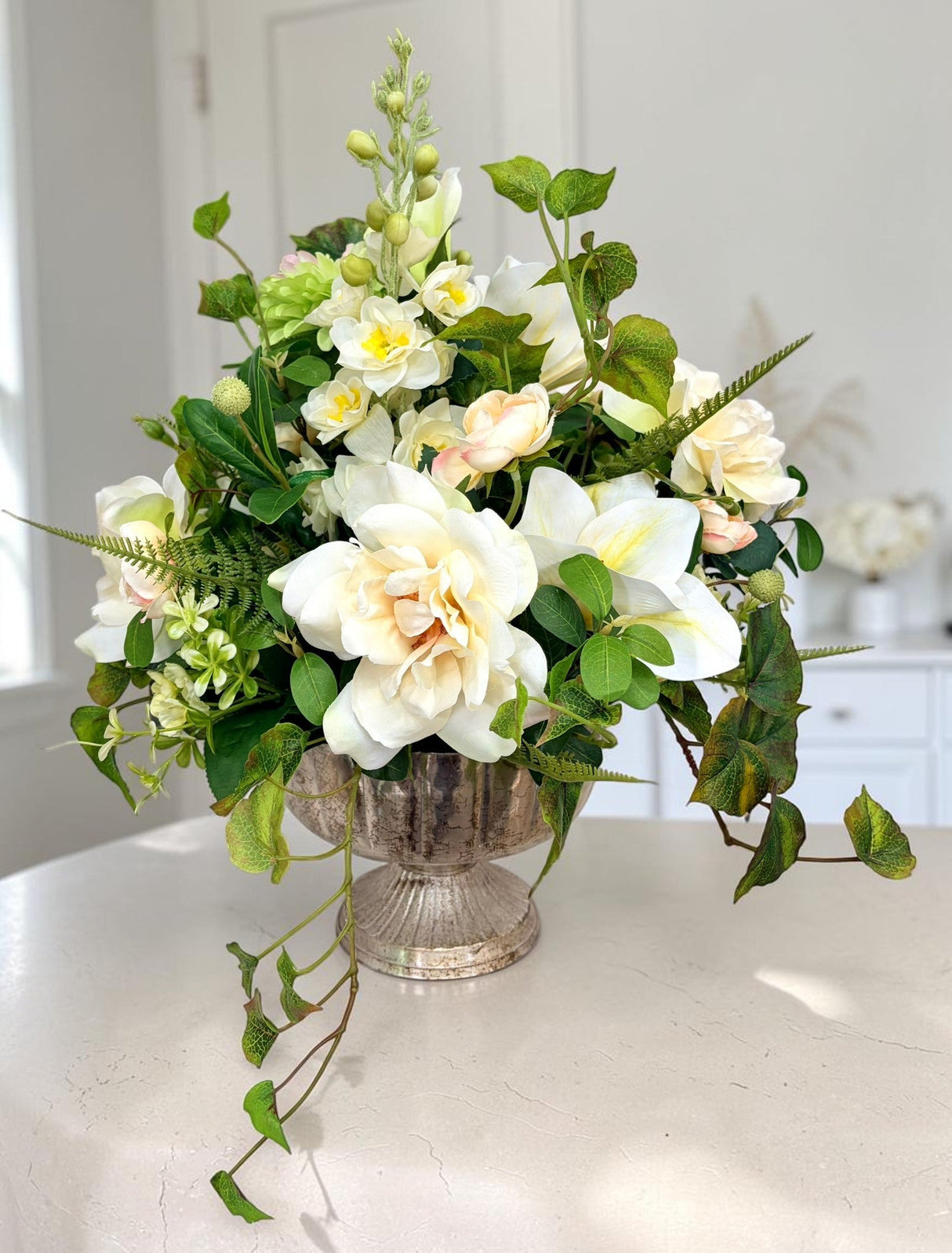 Neutral Cream Green Rose Arrangement in Silver Compote for Elegant Decor TCT Crafts