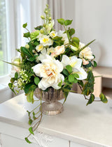 Neutral Cream Green Rose Arrangement in Silver Compote for Elegant Decor TCT Crafts