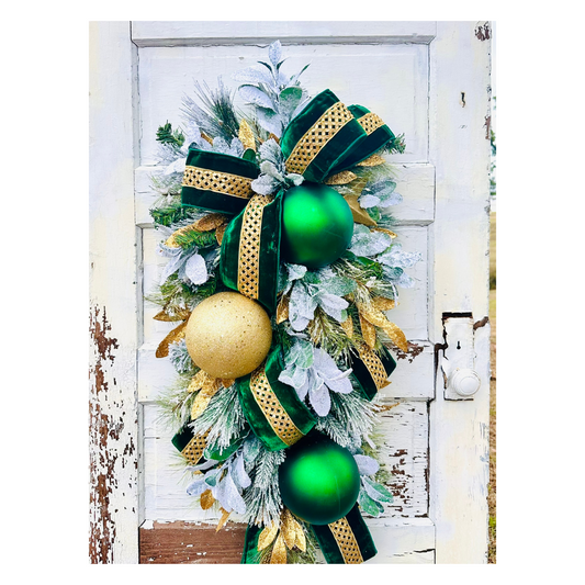 Emerald Green & Gold Christmas Swag | Elegant Velvet Ribbon Holiday Door Swag TCT Crafts