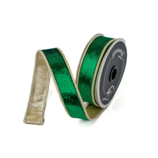 1"x10yd Farrisilk Green Satin Velvet Ribbon with Gold Backing – Luxury Wired Holiday Ribbon-RK661-55 Farrisilk