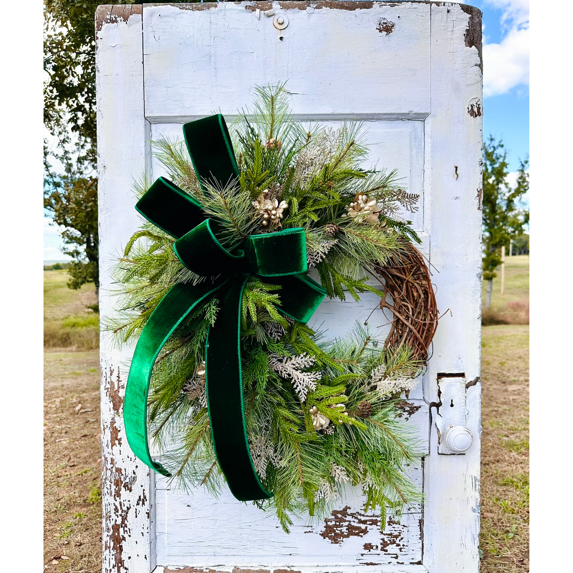 Elegant Green & Gold Grapevine Pine Christmas Wreath | Velvet Ribbon Winter Holiday Wreath | 33"x24" Classic Front Door Decor TCT Crafts