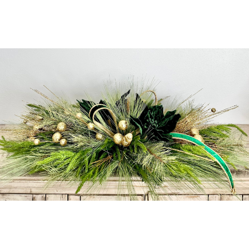 Elegant Emerald Green and Gold Holiday Centerpiece or Door Swag – Christmas Table Decoration, Mantelpiece, Mirror, or Front Door Display