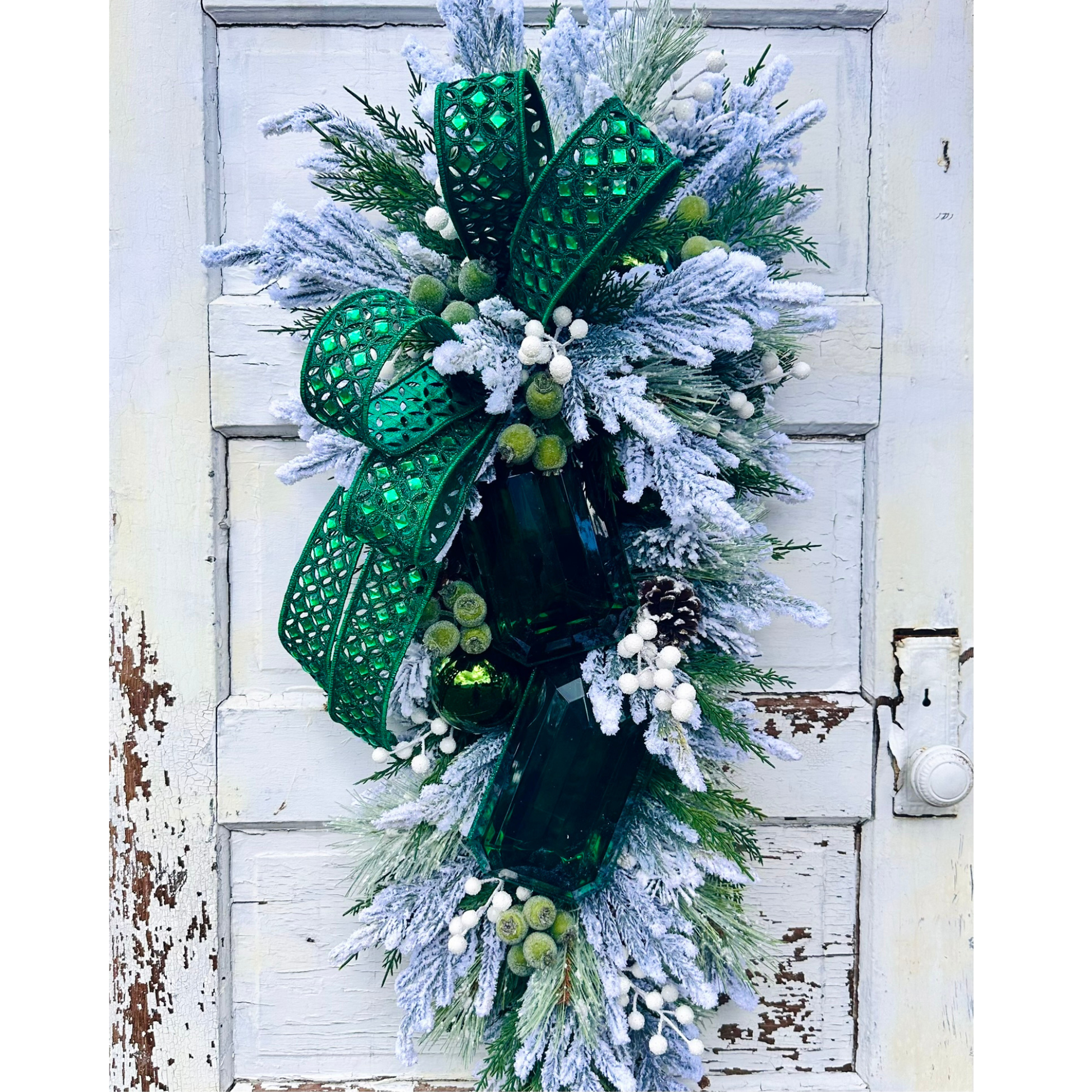 Emerald Green Jeweled Christmas Swag | Elegant Flocked Holiday Door Swag TCT Crafts