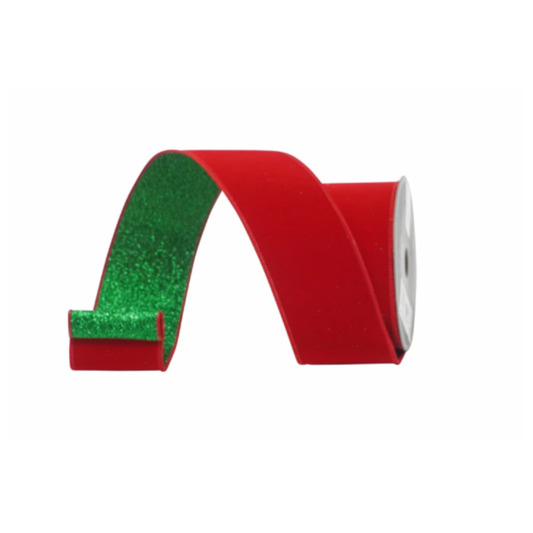 2.5"x10yd Farrisilk Emerald & Red Wired Christmas Ribbon – Luxury Velvet & Glitter Holiday Ribbon-RS201-48 Farrisilk