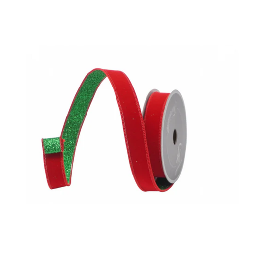 1"x10yd Farrisilk Emerald & Red Wired Christmas Ribbon – Luxury Velvet & Glitter Holiday Ribbon-RS200-48 Farrisilk