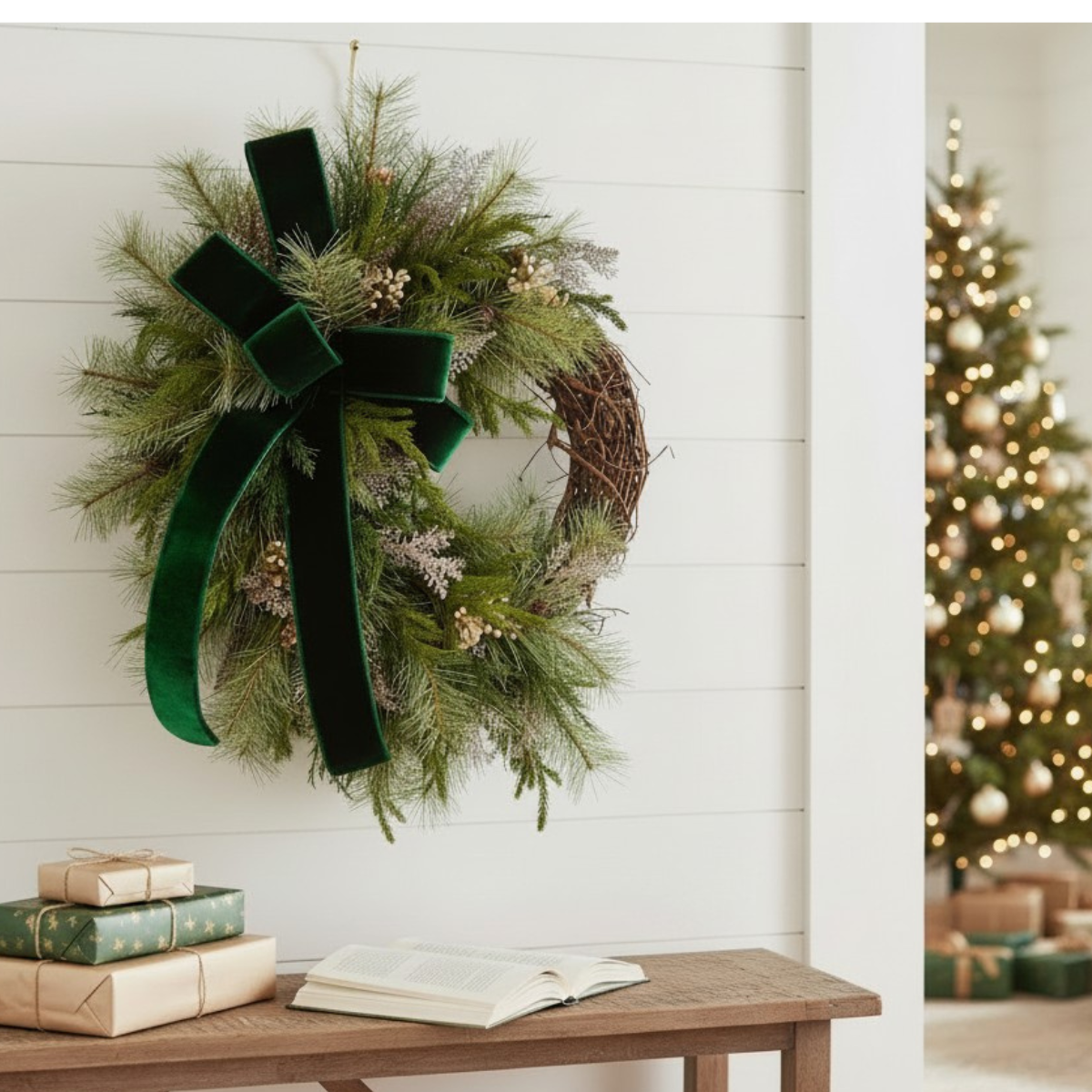 Elegant Green & Gold Grapevine Pine Christmas Wreath | Velvet Ribbon Winter Holiday Wreath | 33"x24" Classic Front Door Decor TCT Crafts