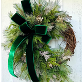 Elegant Green & Gold Grapevine Pine Christmas Wreath | Velvet Ribbon Winter Holiday Wreath | 33"x24" Classic Front Door Decor TCT Crafts